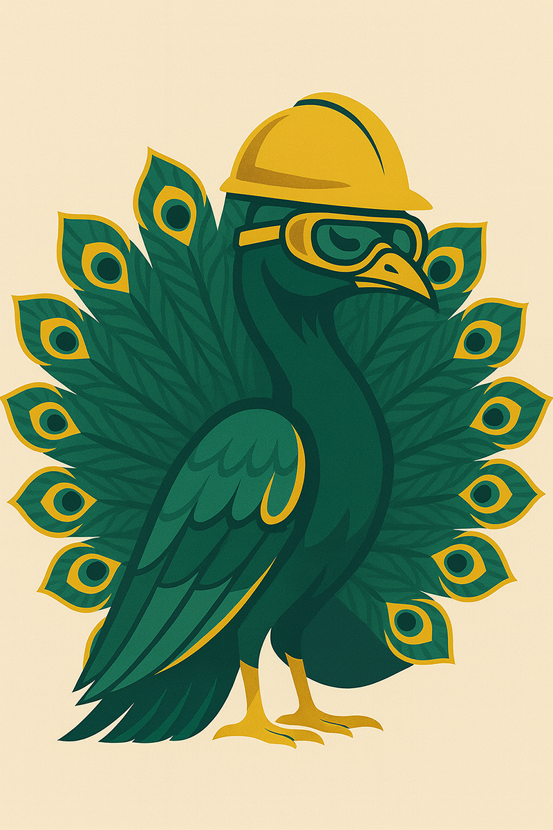 illustration of a peacock wearing a hardhat